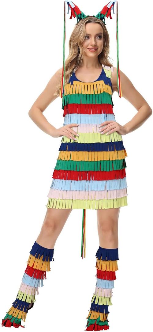 FOCUSOUL Women Mexican Costume Multicolored Fringed Sleeveless Dress Headband Boot Tops Fiesta Halloween Outfit (Small)
