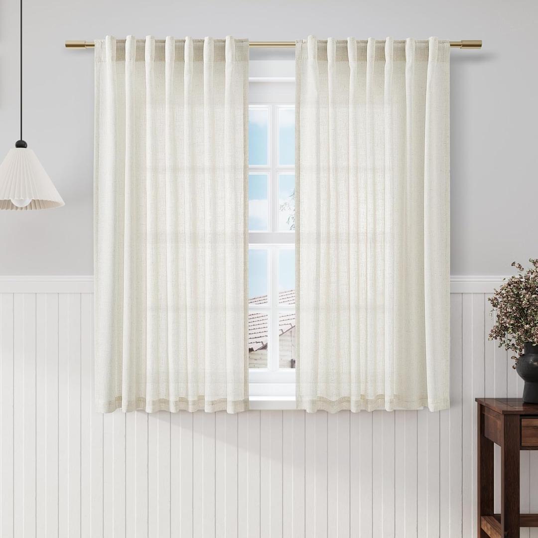 Nanspring Cream Linen Back Tab Rod Pocket Curtains 52 Inch Length for Small Windows 2 Panels Set Privacy Semi Sheer Neutral Modern Farmhouse Window Curtain Linen Drapes Rustic Curtain Natural 52x52