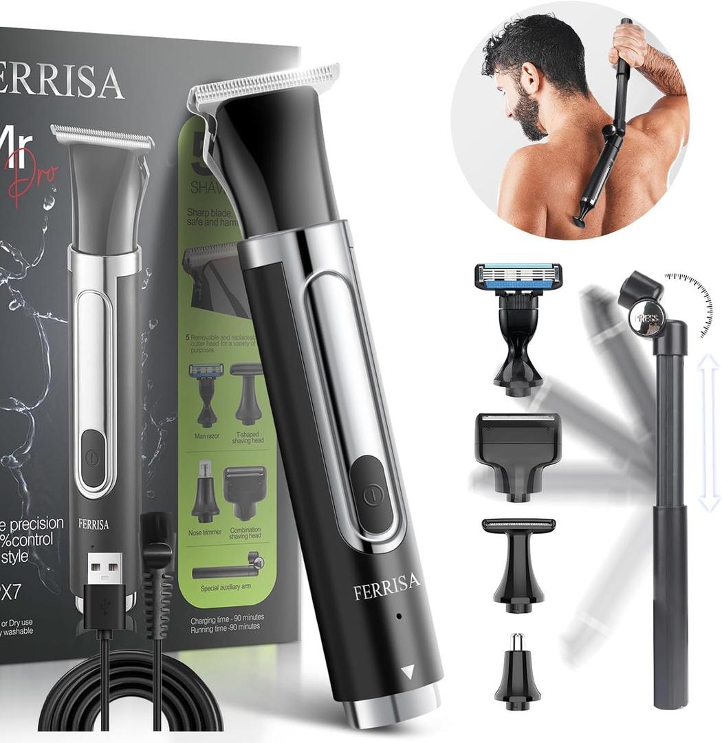 FERRISA 5-in-1 Back Shaver for Men, Electric Shavers for Men with Detachable and Extendable Long Handle, Mens Back Shaver with Travel Lock, Self-Service Body Hair Trimmer for Wet or Dry Shaving Black