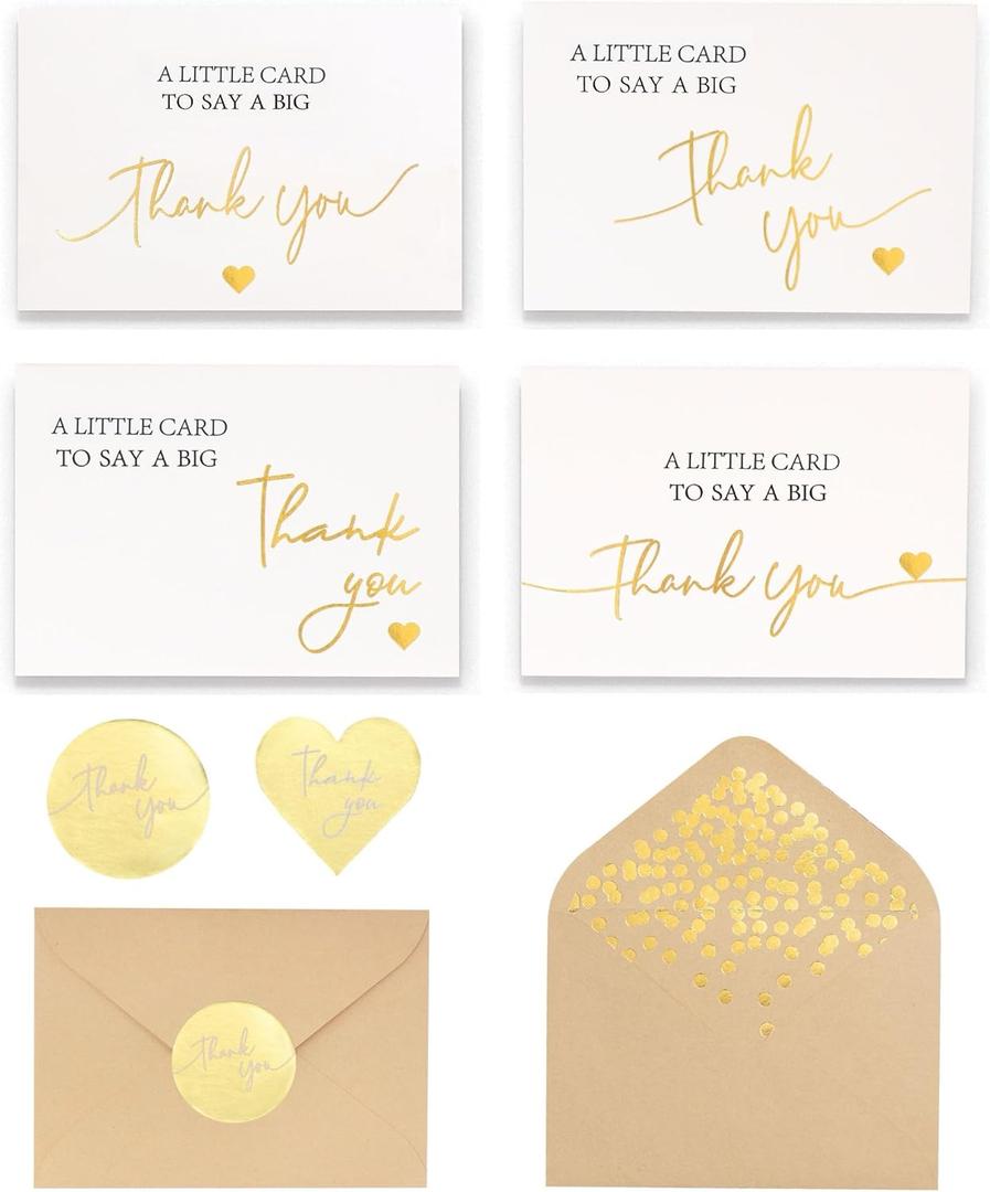 Winoo Design 100 PK Luxurious Gold Thank You Cards with Envelopes Bulk - 5x3.5 Inches Wedding Thank You Notes Baby Shower Greenery Bridal Shower Small Business (WHITE)