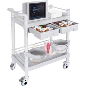 Medical Mobile Trolley Cart 2-Shelf 220 LBS Max Load Rolling Utility Cart Heavy Duty Beauty Salon Storage Cart with Drawers Dirt Buckets Rotate Wheels 2 Brake for Hospital Dental Clinic Home (2-tier Light Gray)