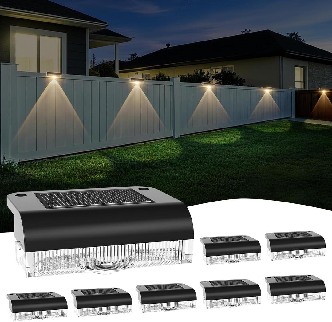 A.bigwhale Solar Fence Lights Outdoor, LED Solar Deck Light Waterproof, 8 Pack Balcony Lights Outside Solar Powered for Outdoor Stairs, Step, Railing, Yard, Patio Decor, Warm White