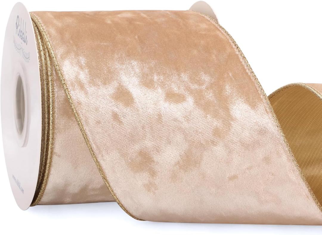 Ribbli Champagne Velvet Wired Ribbon 4 Inch Metallic Champagne Gold Crushed Velvet Christmas Ribbon for Gift Wrapping Christmas Tree Decoration Crafts Wreaths Supplies-Continuous 10 Yards