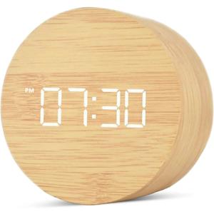 Wooden LED Digital Alarm Clock for Desk – Modern Aesthetic Wood Clock with Adjustable Brightness, 3 Alarms, Large Display, AC Powered Stays On When Plugged in (Beige)
