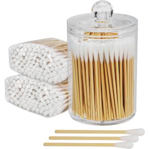 Bamboo Cotton Swabs with Plastic Holder, 200 Count (3 Inch)  Multi-Purpose Cotton Swabs for Makeup, Pet Ear Care & Household Detailing, Clear Storage Jar