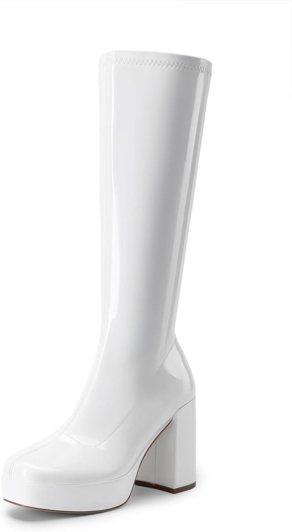 DREAM PAIRS Women's Platform Knee High Boots Chunky Block Heel Side Zipper Cute Gogo Boots (8, White-pat)