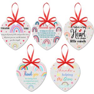 Eaasty 5 Pcs Thank You Gifts for Women Teacher Preschool Daycare Teacher Appreciation Gifts Ceramic Round Heart Thank You Plaque for Teachers Week Gift Office Desk Decoration(Heart Style)