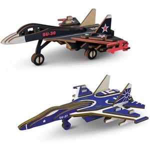 3D Wooden Puzzle Fighter Model Sets - 4 Piece Kits Aircraft Puzzles Crafts Assembly Building Blocks DIY STEM Toys - Wood Aircraft S27 & S30 Brain Teaser Puzzle for Adults Teens Boys Girls
