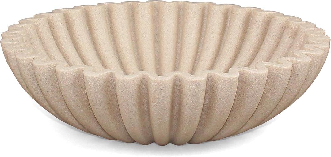 Ruffle Decorative Bowl, Large Fruit Bowl for Kitchen Counter, Stylish Key Bowl for Entry Table, Handcrafted Home Decor Display bowl, Artificial Stone Beige