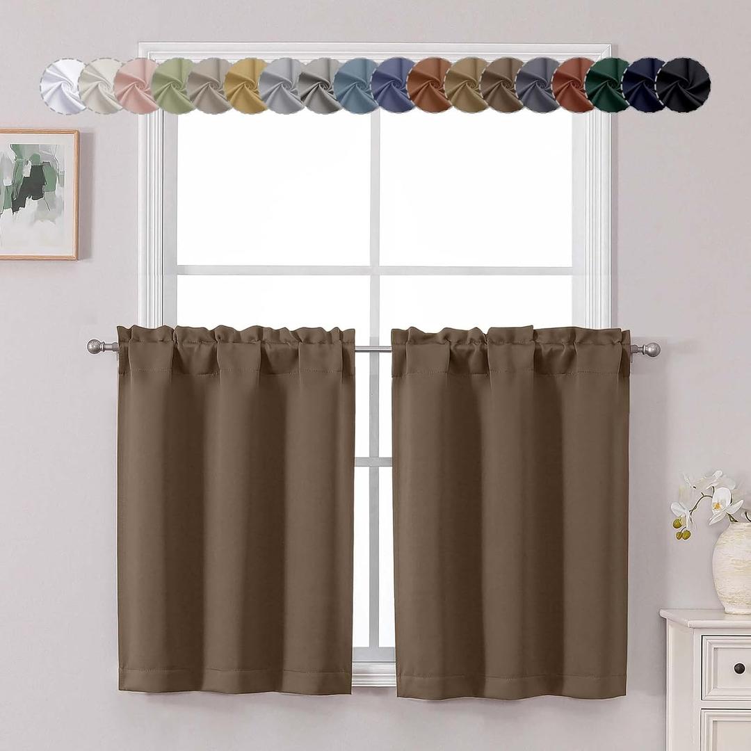 Chyhomenyc Brown Short Blackout Curtains 30 Inch Length, Small Kitchen Curtain Tier Rod Pocket Half Window Curtains for Bathroom Basement Cabinet Camper RV Bunk, 2 PCS, Each 30" Wx30 L
