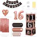 Rose Gold Sweet 16 Birthday Decorations for Girls - Sweet Sixteen Party Supplies Include 3pcs Balloon Boxes, Number 16 Foil Balloons, Fringe Curtains, Black Pink Garland Arch Kit - Photo Props