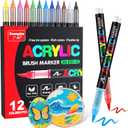 Guangna Acrylic Paint Markers Brush Tip, 12 Vivid Colors with Direct-Liquid Ink System, Professional-Grade Paint Pen for Rock Painting, Canvas, Glass, Plastic, Fabric Pumpkin Painting Decorating Kit (Multicolor)