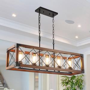 5-Light Farmhouse Kitchen Island Lighting, 35.5 Inch Linear Dining Room Light Fixture,Rustic Rectangle Chandeliers for Dining Room,Vintage Ceiling Hanging Pendant LightRustic Wood Grain