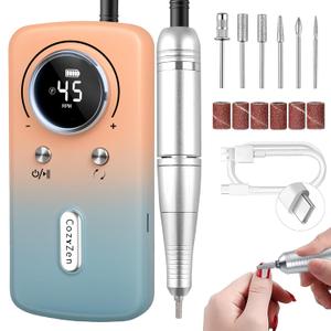 CozyZen Cordless Nail Drill Professional: 45000 RPM Rechargeable Electric Nail File Kit, Portable & Low Noise for Acrylic, Gel Nails, Manicure & Pedicure - Salon & Home Use (Blue&orange)
