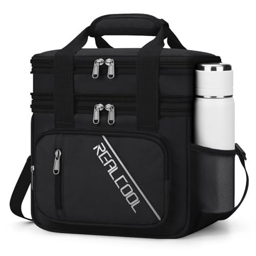 RealCool Lunch Bag, Insulated Lunch Box for Men Women, Double Deck Leakproof Soft Cooler Bag with Adjustable Strap, Reusable Lunchbox for Work, Travel, Camping (Black) 10.63"D x 8.66"W x 7.48"H