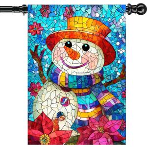Stained Glass Snowman Christmas House Flag 28x40 Inch Double Sided for Outside, Large Burlap Winter Yard Flag Seasonal Outdoor Farmhouse Decoration