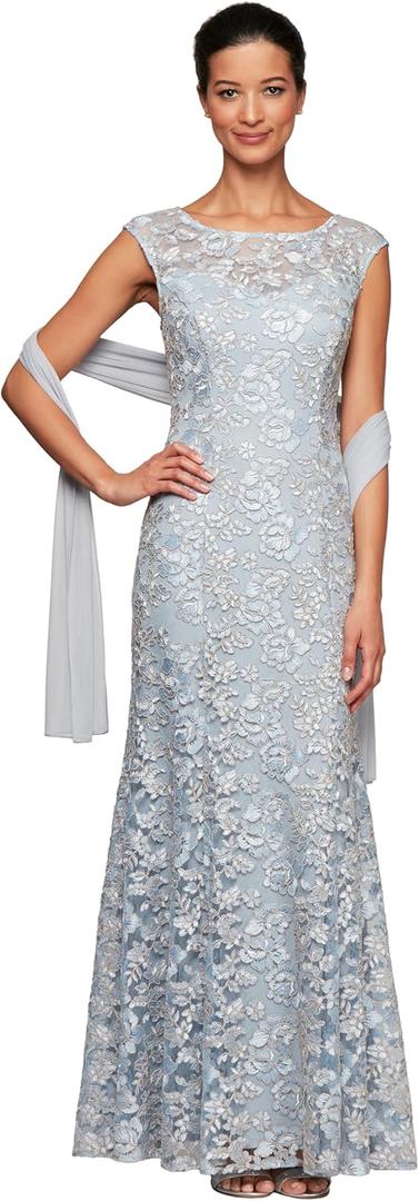 Alex Evenings Women's Long Sleeveless Mother of The Bride Dress with Shawl (Petite and Regular Sizes) (12, Light Blue Lace)