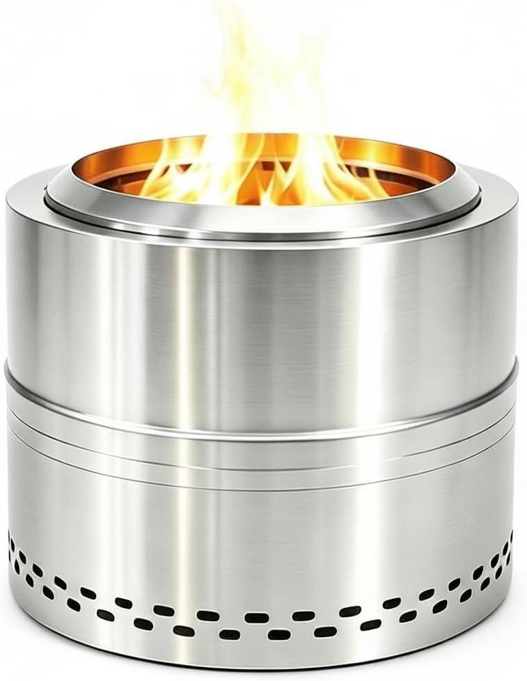 Smokeless Firepit Bonfire 20", Outside Wood Burning Metal Stove Stainless Steel Fire Pit with Carry Bag, Portable Camping Propane Patio Backyard, Easy Setup & Cleaning (Silver Without Hallow)