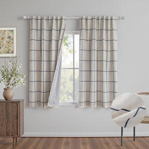 MYSKY HOME 100% Blackout Plaid Linen Curtains 72 Inches Length Double Layer Farmhouse Thermal Insulated Striped Print Drapes with Rod Pocket Back Tab for Bedroom Living Room, 2 Pcs, 52"Wide, Navy Blue