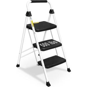 SocTone 3 Step Ladder, Folding Step Stool for Adults with Handle, Lightweight, Perfect for Kitchen& Household, 500lbs Capacity Sturdy Steel Ladder White