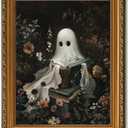 Vodefoad Vintage Detachable Gold Framed Wall Art for Home Decor Halloween Cute Ghost Reading Books Farmhouse Gold Framed Wall Decor Prints Halloween Gothic Dark Academia Painting Picture for Kitchen, Gallery, Bathroom Wall decor - 12x16Inch (16L" x 12W")