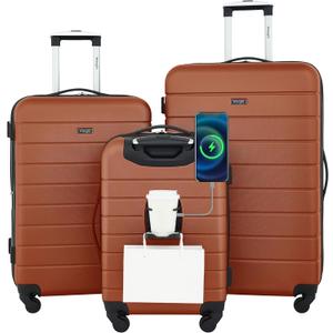 Wrangler Smart Luggage Cup Holder and USB Port, Burnt Orange, 3 Piece Set