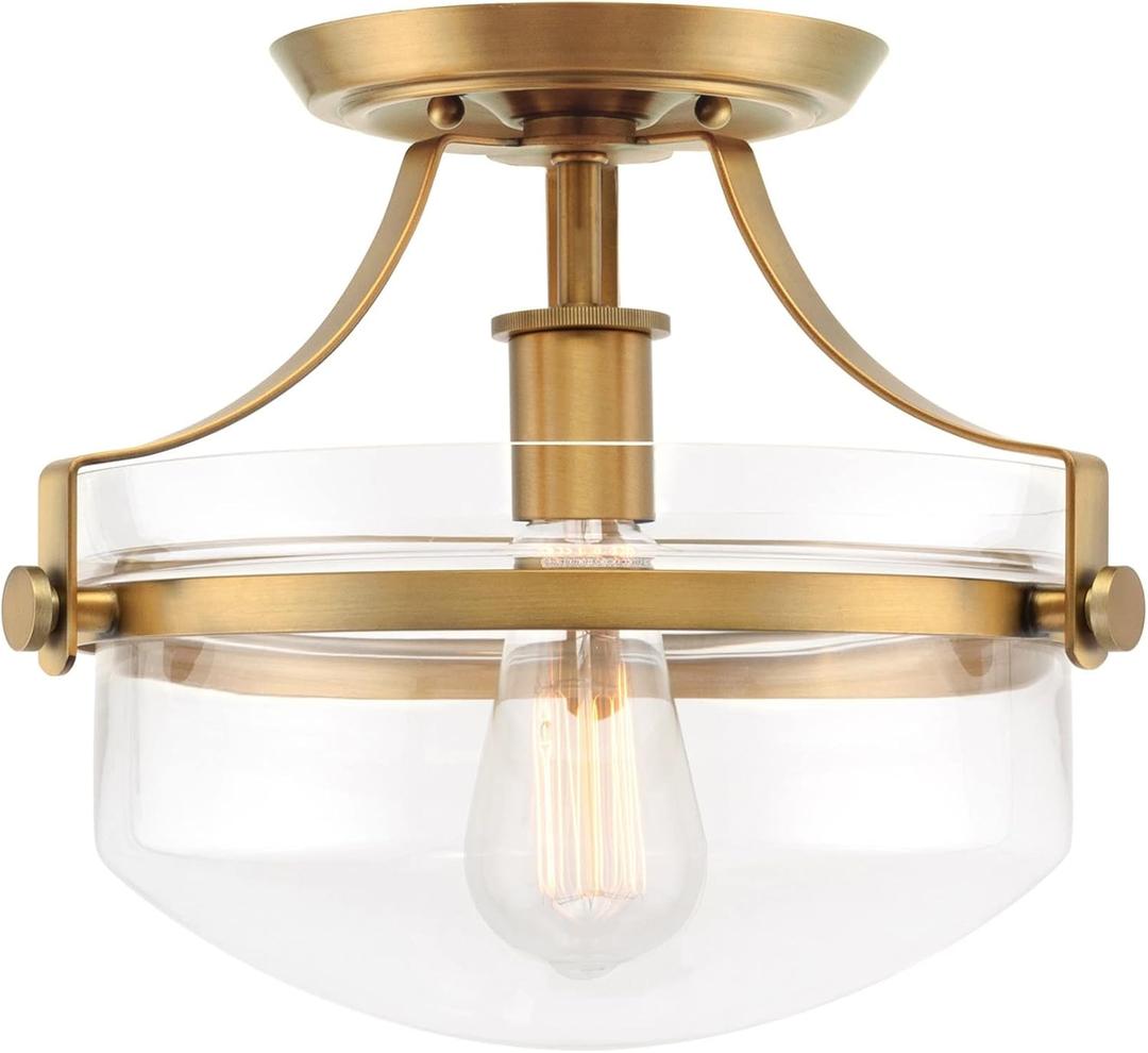 Kira Home Zurich 12" Rustic Farmhouse Semi-Flush Mount Ceiling Light + Glass Shade, Warm Brass Finish