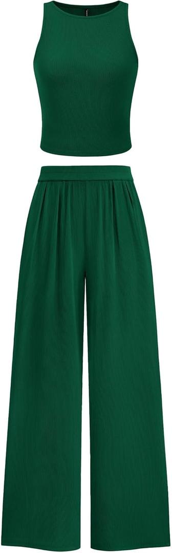 PRETTYGARDEN Spring Two Piece Sets For Women 2025 Ribbed Knit Crew Neck Sleeveless Tank Tops Wide Leg Pants Casual Lounge Set (Green,Small)