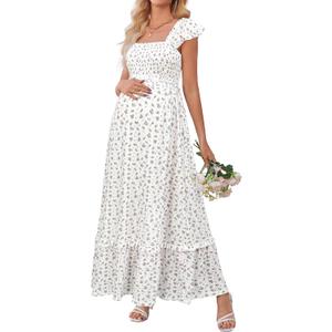 OUGES Womens 2026 Summer Maternity Maxi Dresses for Photoshoot Ruffle Sleeve Square Neck Wedding Guest Baby Shower Long Dress Flowy Pregnancy Must Have Maternity Clothes(White Pink Floral,M)