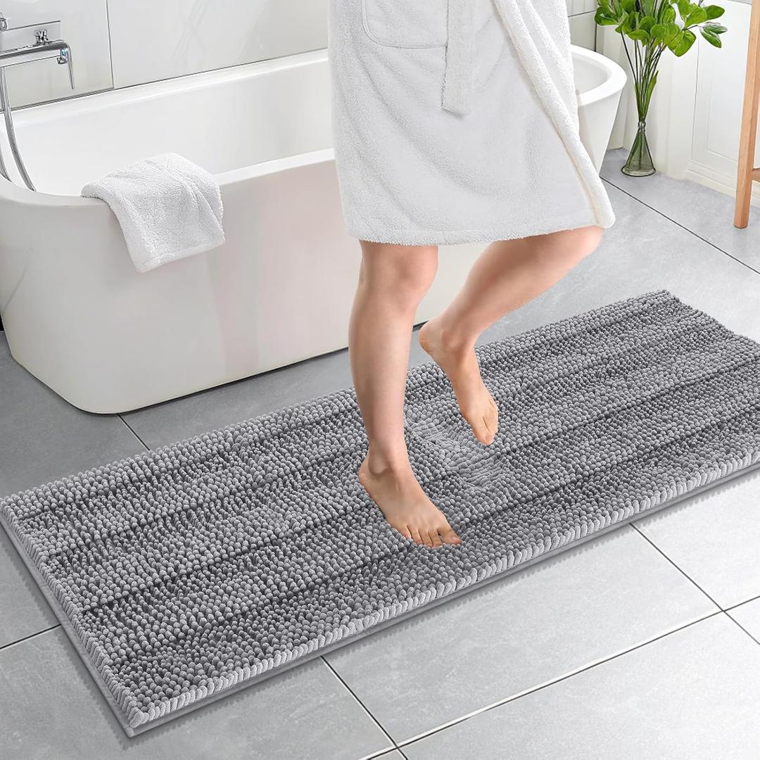 OLANLY Thick Bathroom Runner Rugs 59x20, Absorbent Chenille Striped Bath Rugs, Rubber Backing, Machine Wash Dry, Extra Long Bath Mats for Bathroom Floor, Tub and Shower, Home Decor Accessories, Grey