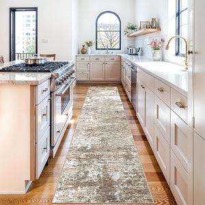 YOUFORTONG Modern Abstract 2x12 Runner Rug: Soft Washable Kitchen Rugs Non-Slip Rubber Backing Hallway Runners Stain Resistant Non Shedding Thin Indoor Floor Decor Mat (Brown/Beige/White, 2X12)