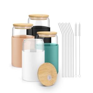 Sungwoo Glass Cups with Lids and Straws, 3 Pack 16OZ Iced Coffee Cups with Silicone Sleeve, Glass Tumbler with Straw and Bamboo Lid, Home Essential Drinking Set for Juice, Cocktail and Latte
