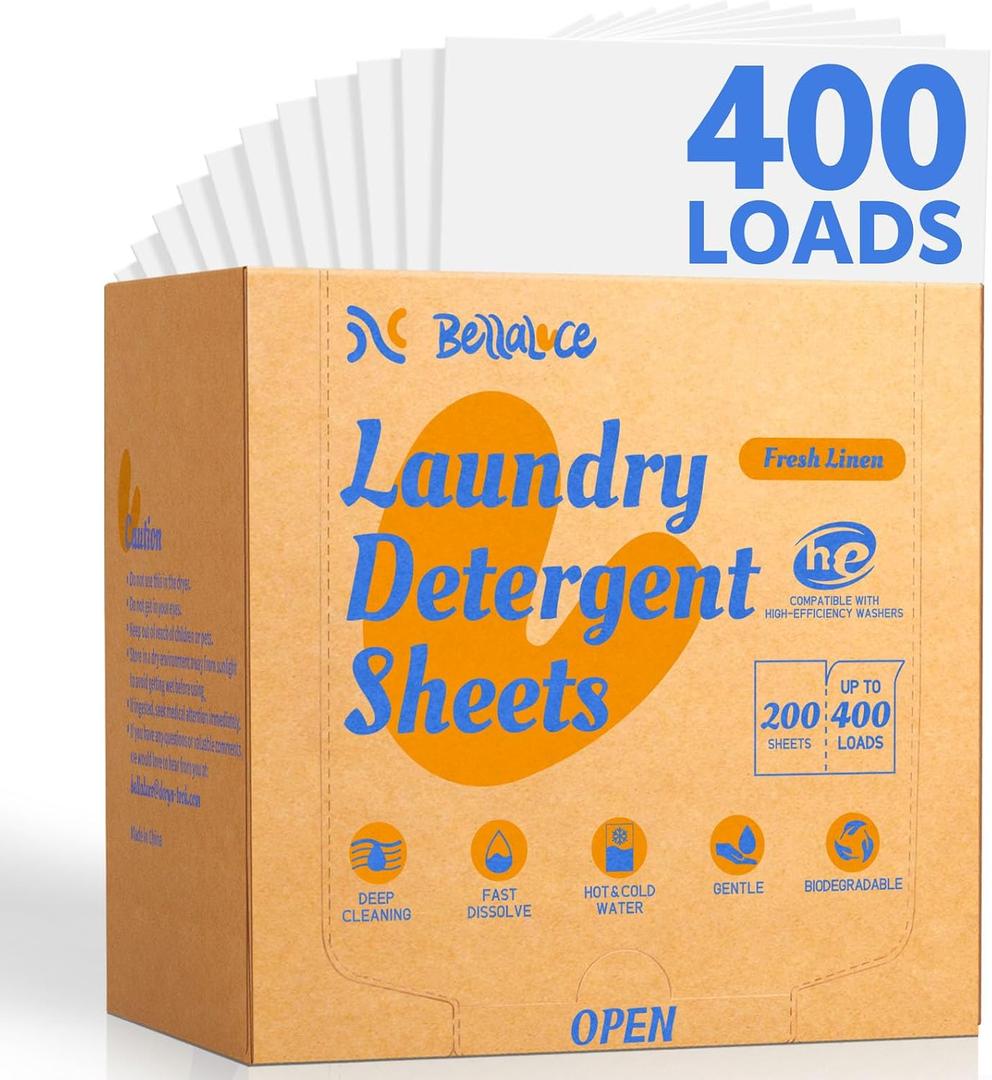 BellaLuce Laundry Detergent Sheets - 200 Laundry Sheets, 400 Loads, Eco-Friendly, Plastic-Free, Fresh Linen Scent, Space Saving, Fast Dissolve & Hypoallergenic