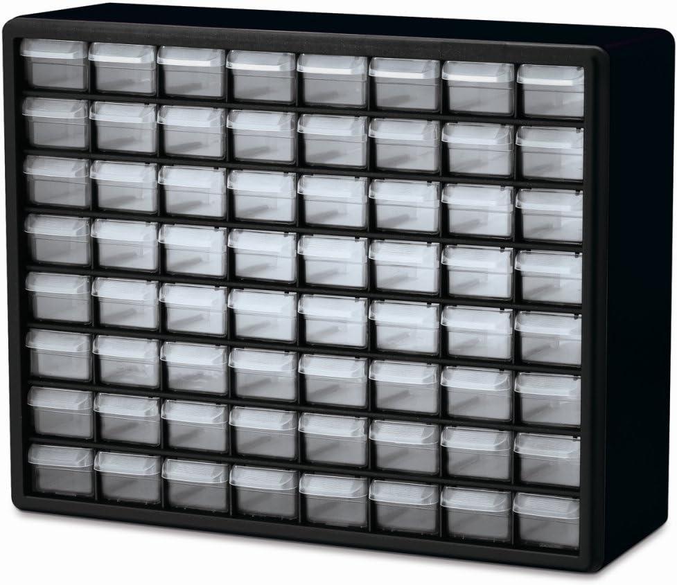 Akro-Mils 64-Drawer Plastic Drawer Storage Cabinet for Garage Organization, Bead Organizer, Building Bricks Storage, Teacher Toolbox, Makeup Organizer, 20" W x 6" D x 16" H, 10764 Black