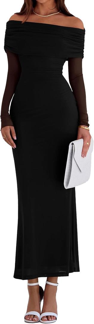 PRETTYGARDEN Fall Dresses for Women 2026 Elegant Off The Shoulder Long Sleeve Formal Wedding Guest Bodycon Maxi Dress (XL)