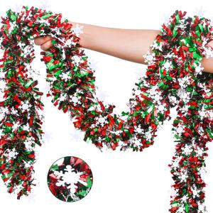 Mega-Loopolis Christmas Snowflake Tinsel Garland, 26.25Ft Red Silver Green with Snowflake Chunky Glittery Holiday Hanging Tinsel Decorations for Christmas Wedding Birthday Party Supplies Home Decor