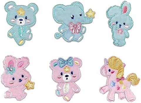 Cute Animal Iron on Applique 6 Pcs Unicorn Bear Bunny Elephant Blue Pink Embroidered Patches DIY Accessories for Clothes Bags Jeans(Plush Styles)