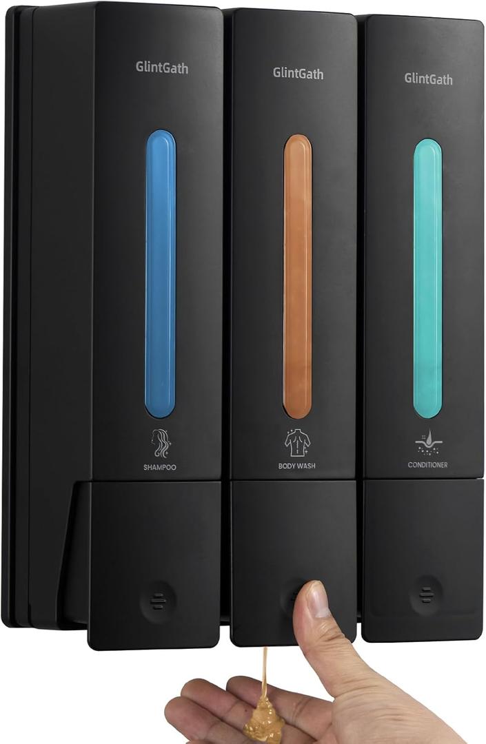 Shampoo and Conditioner Dispenser Shower Soap Dispenser Shower Dispenser 3 Chamber No Drill Shampoo Dispenser for Shower Wall, Body Wash Wall Mounted for Bathroom Hotel,1200ML,Black