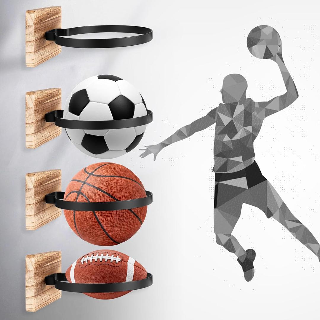 4 Pcs Wall Mount Basketball Holder with Wooden Base, Ball Storage Holders Display Rack for Autograph Basketball, Football, Soccer, Volleyball Collection, Sports Accessories Organizer for Player Fans