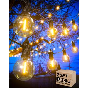 Zuske Outdoor String Lights, 25FT Patio Lights with 13 Shatterproof G40 Globe Bulb(1 Spare), Waterproof Connectable Dimmable LED Hanging String Lights for Outside Backyard Porch Balcony, 2700K