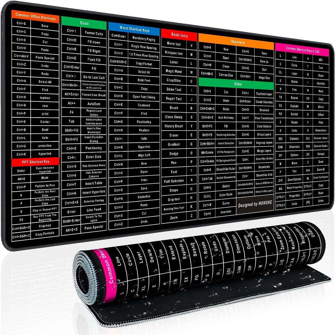 Keyboard Shortcut Mouse Pad, Office/Excel/Word/PPT Shortcuts Cheat Sheet Mat, Quick Key Super Large Anti-Slip Keyboard Pad wit Clear Shortcut Key Patterns(31.5 * 11.8in) (Windows)