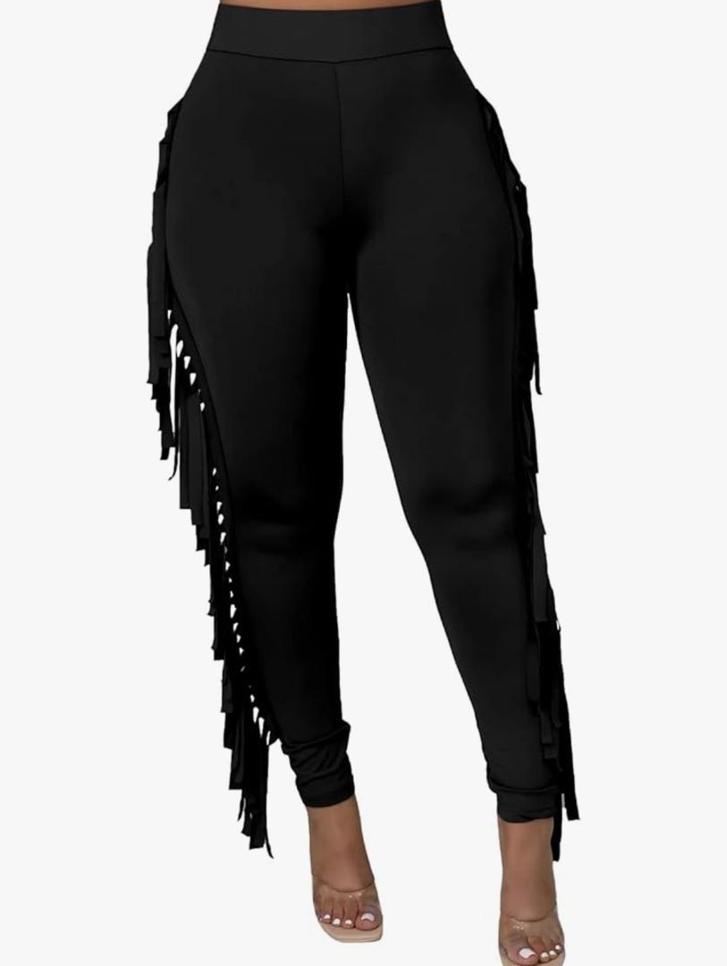 Rimhold Women's Fringe High Waist Solid Bodycon Side Tassel Pants Yoga Sweatpants Bandage Pants Size 2XL