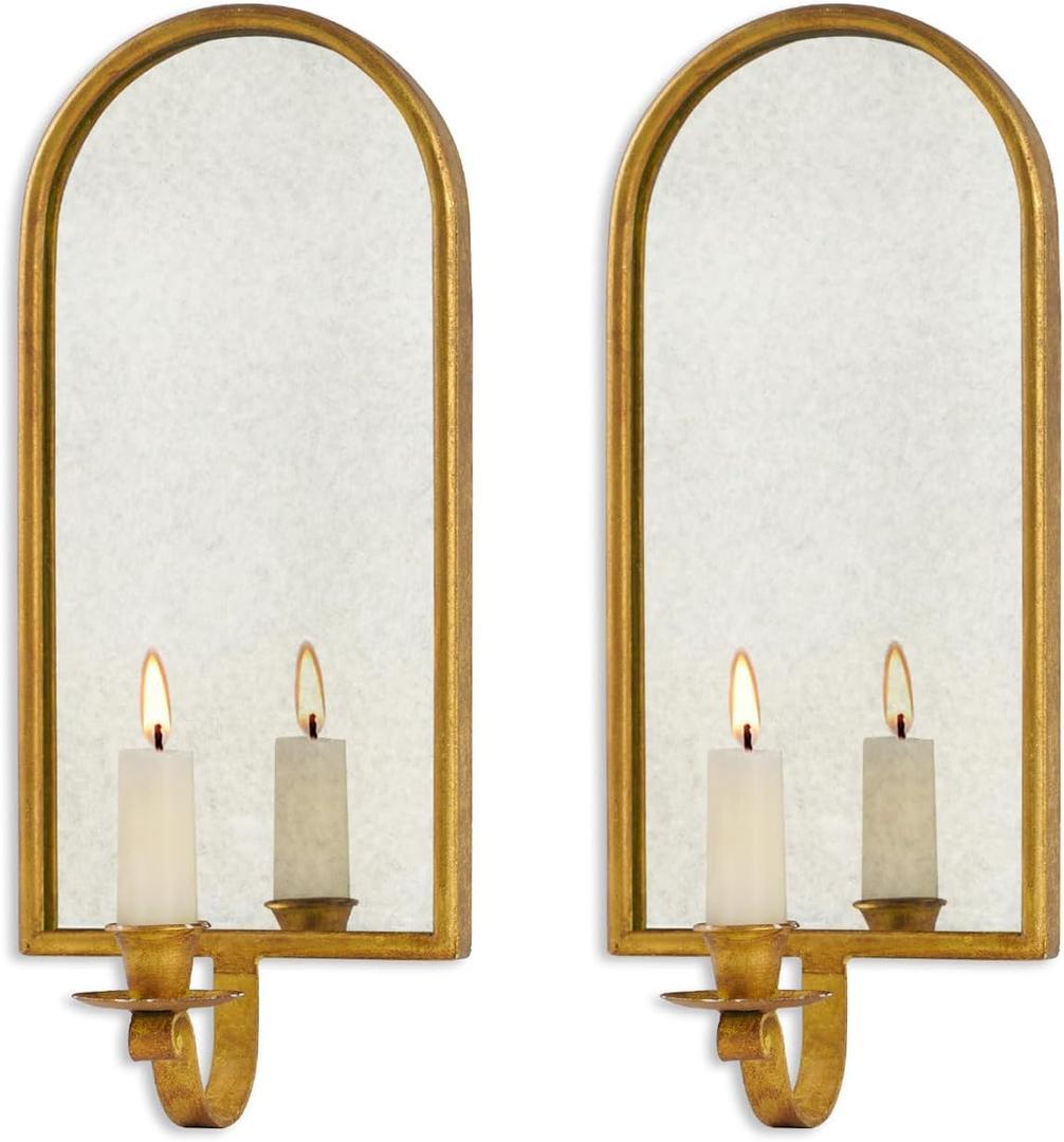 NIKKY HOME Gold Wall Candle Sconces Set of 2, Antique Mirrored Wall Taper Candle Holder - Vintage Elegant Metal Hanging Candlestick for Living Room, Bathroom, Dining Room and Office