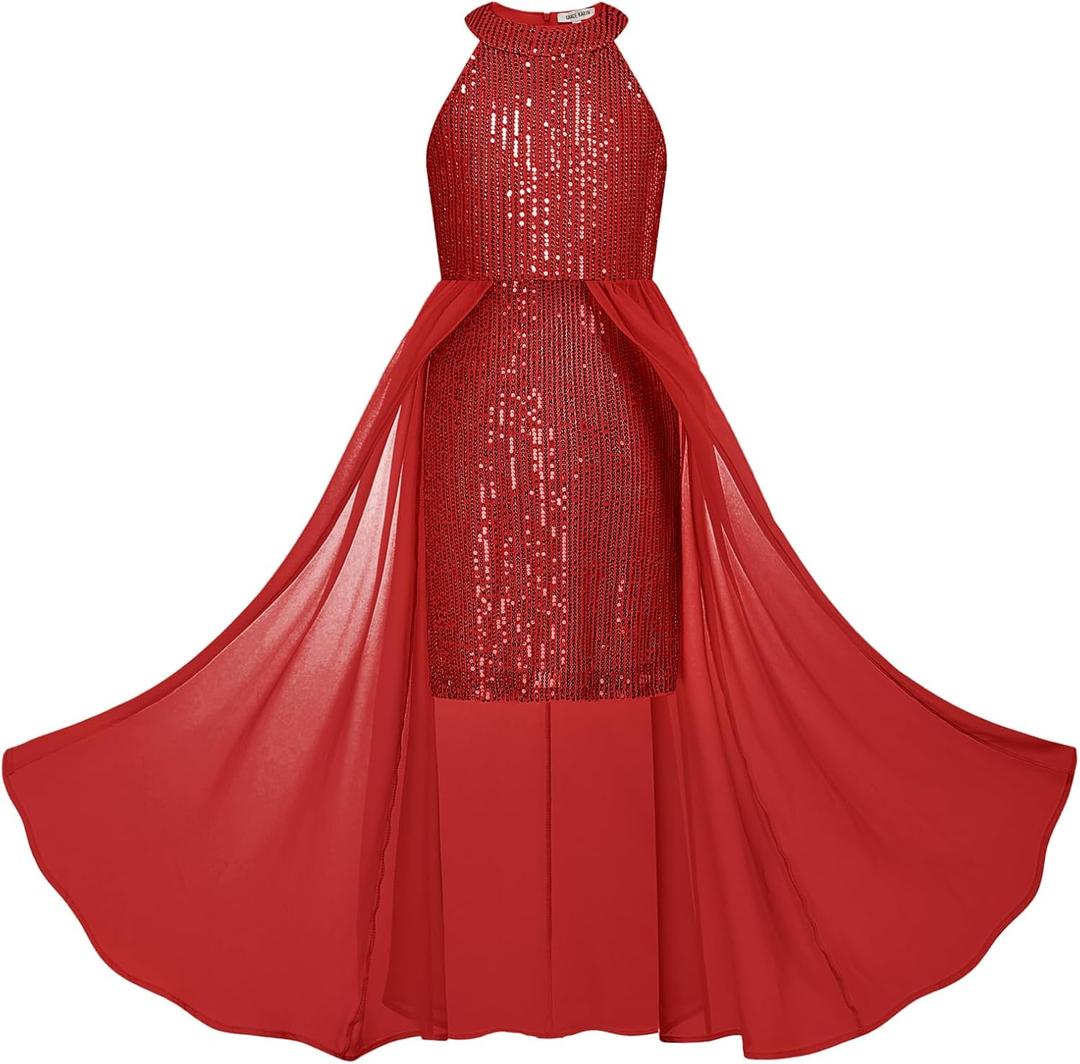 GRACE KARIN Girls Halter Neck Sequin Dress Kids Fancy Formal Party Christmas Sparkly Pageant Birthday Dresses (10-12 Years, Red)
