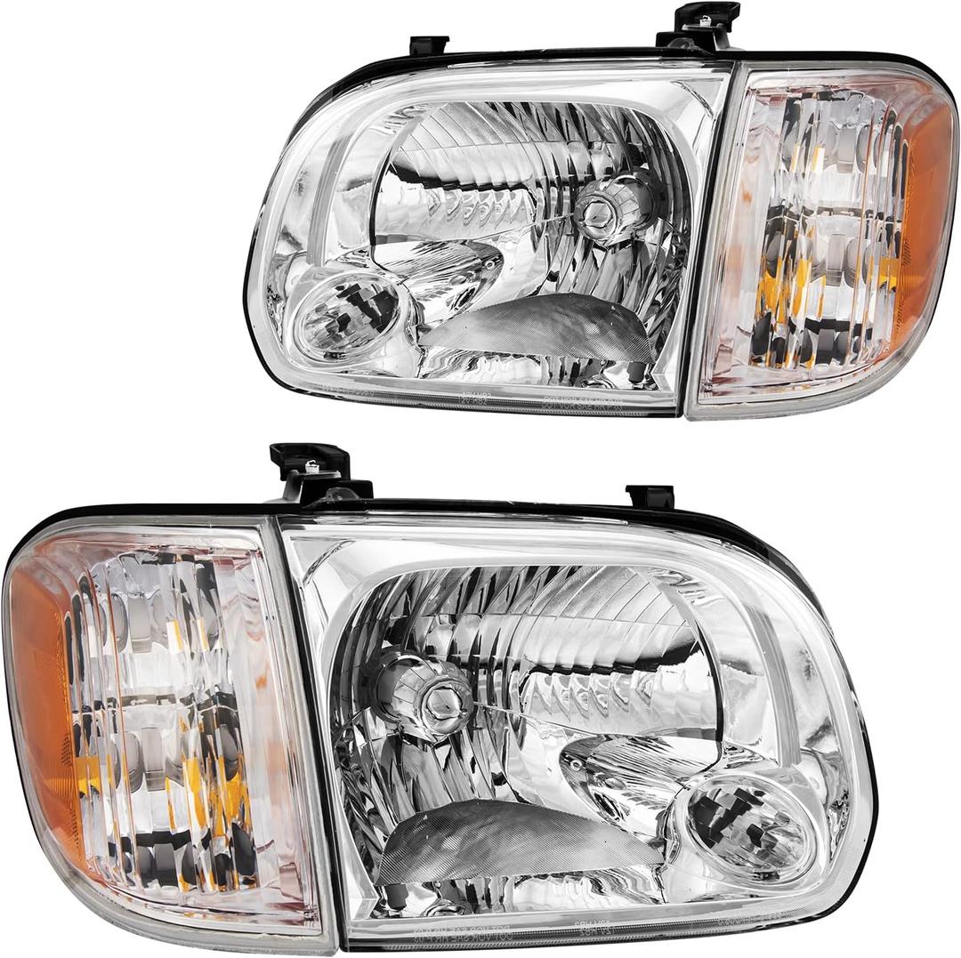KAX Headlight Assembly,Chrome Headlights Compatible with Sequoia 2005-2007 Limited;Sequoia 2005-2007 SR5;Tundra 2005-2006 Limited;Tundra 2005-2006 SR5 Amber Reflector Color Clear Lens Color