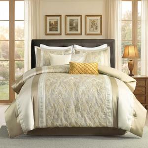Finlonte Queen Size Comforter Set, Champagne Beige, 7 Piece Bed in a Bag for All Seasons, Luxury Vintage Floral Jacquard Damask Patchwork, Soft Bedding Sets with Bedskirt, Shams and Decor Pillows