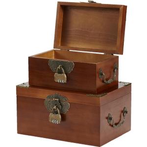 2PCS Decorative Wooden Storage Box with Lids Handmade Memory Box for keepsakes Treasure Chest Box with lock Vintage Wood Baskets Metal Handle Jewelry Desk Organizer Container, Walnut