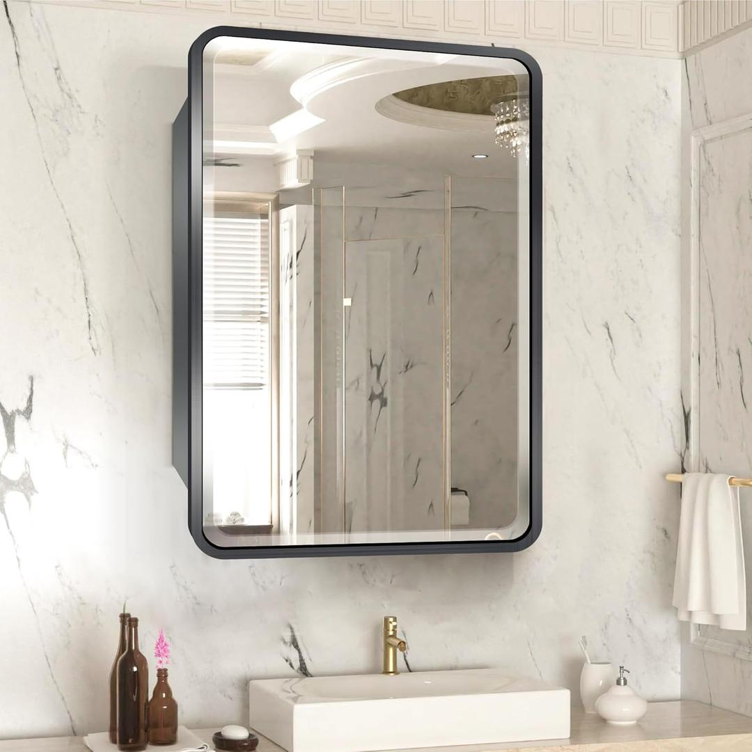 1624inch Medicine Cabinet,Mirror Cabinet with Beveled Mirror,Soft Close Hinge,Brushed Metal Framed,Detachable Side Plate for Recess Mount or Surface Mount,Black