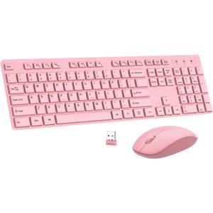 Wireless Keyboard and Mouse Combo, EDJO Silent Full Size Cordless USB Keyboard Mouse, 2.4GHz Lag-Free, Long Battery Life, for Computer, Laptop, PC, Chromebook, Windows (Pink, Pack of 1)