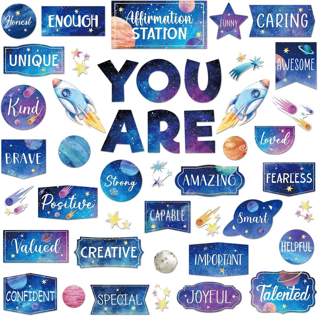 45pcs Space Affirmation Station Bulletin Board Set Motivational Posters Classroom Mirror Growth Mindset Decor Positive Affirmations Accents Cutouts for School Office Home Teacher Wall Supply